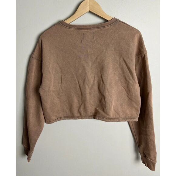 Urban Outfitters Cropped Zip Sweatshirt Brown Fleece Lined Minimalist Size Med - Picture 2 of 6